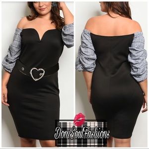 🎬 Ruched Plaid sleeve Plus Size Sweetheart Dress